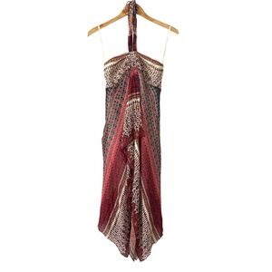 BCBG Paris Women Red Black Silk Halter Handkerchief Hem Boho Print Dress Size 8